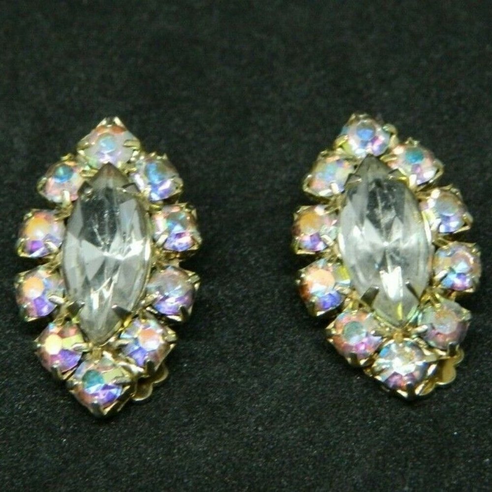 Silver Tone Clear Rhinestone AB Art Deco Style